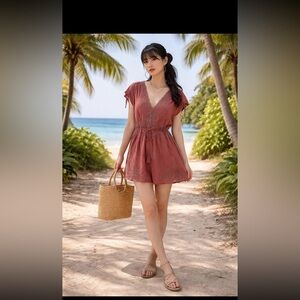 Free people romper in pomegranate embroidered neckline Sz S